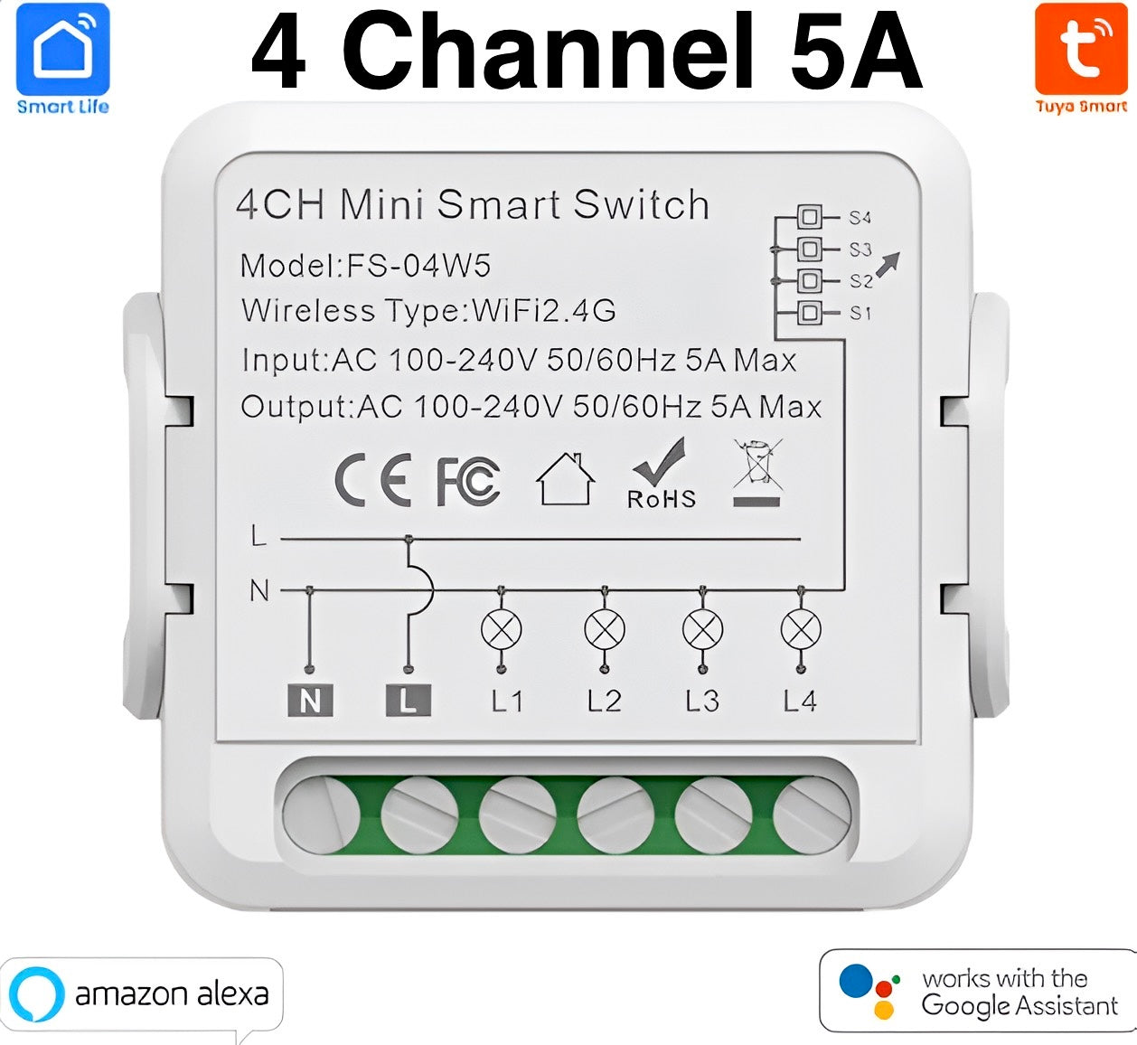 Smart Home WiFi Switch Module – 4CH, 5A Multiple Power Control